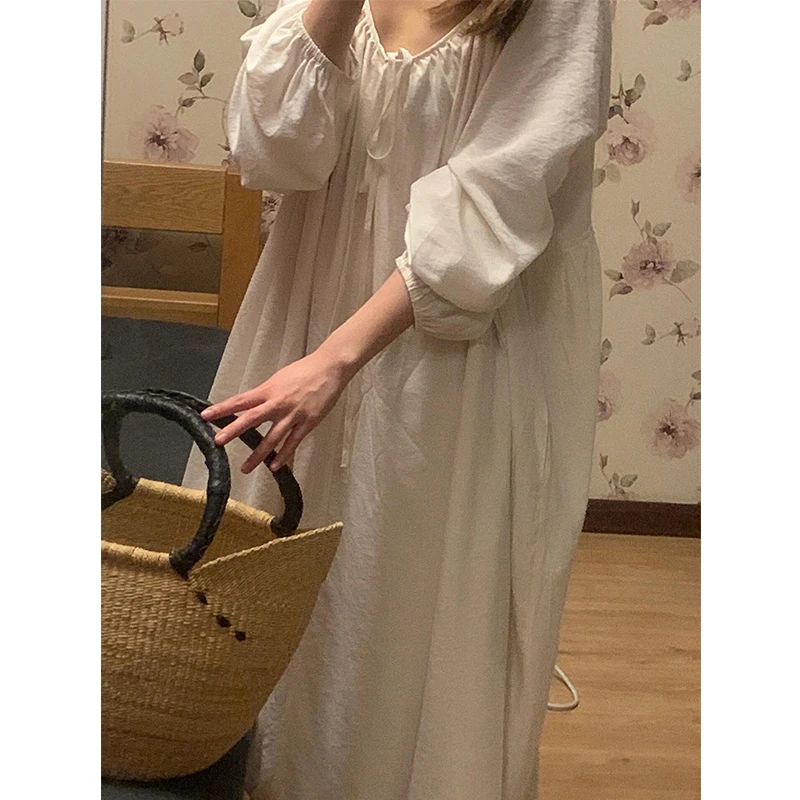 法式高级感甜美纯色长袖睡衣女夏季爆款露背宽松连衣裙外穿家居服
