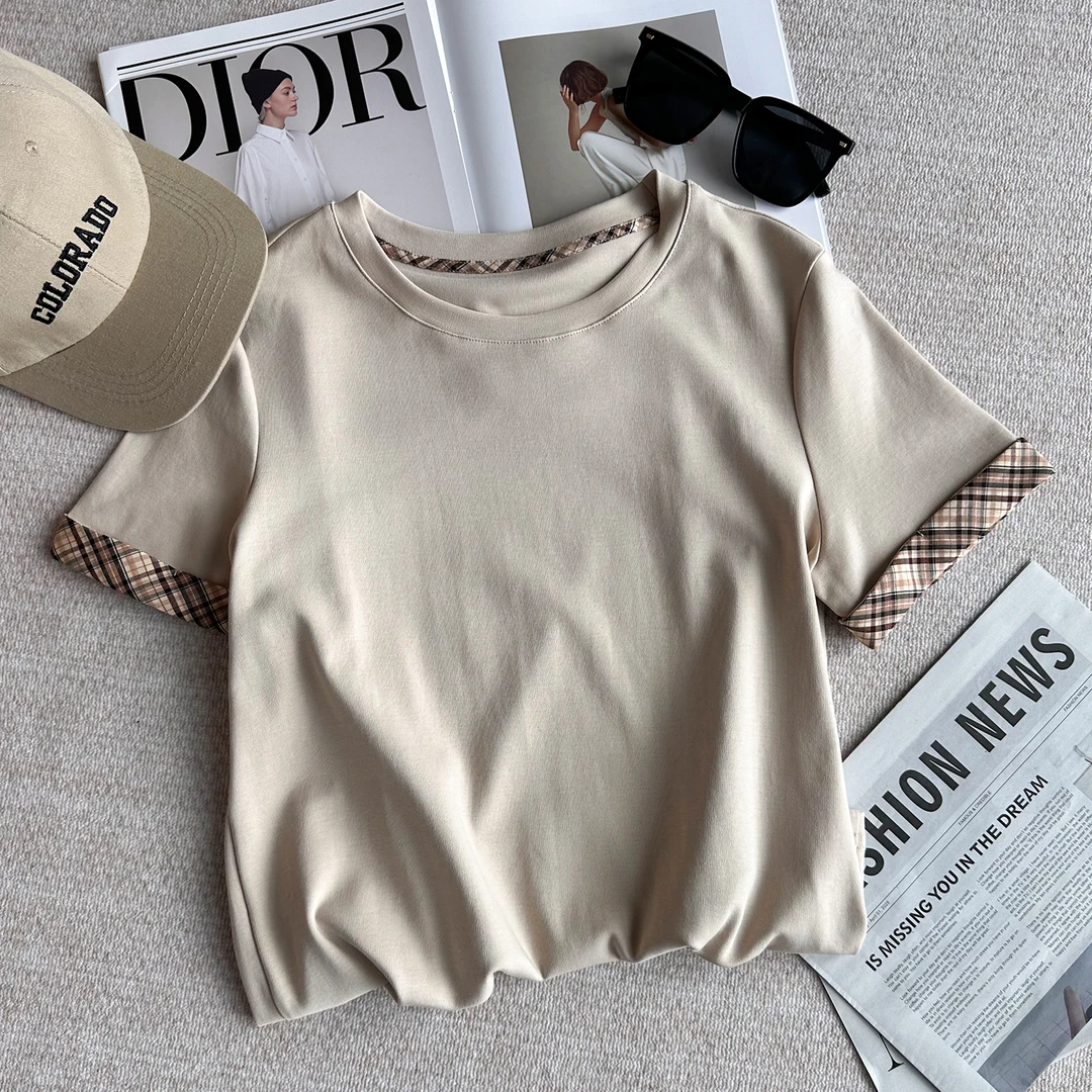 T851 2007 AD 圆领女款简约撞色拼接短袖T恤