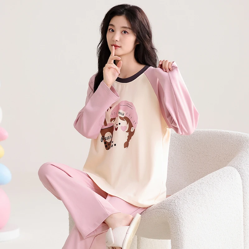 长袖春秋季少女粉睡衣女休闲家居服套装外穿