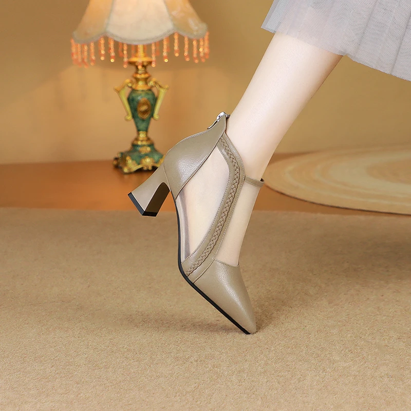 GLS/春/夏季凉靴9082/牛皮33/41高跟/粗跟尖头网纱靴洋气舒适百搭