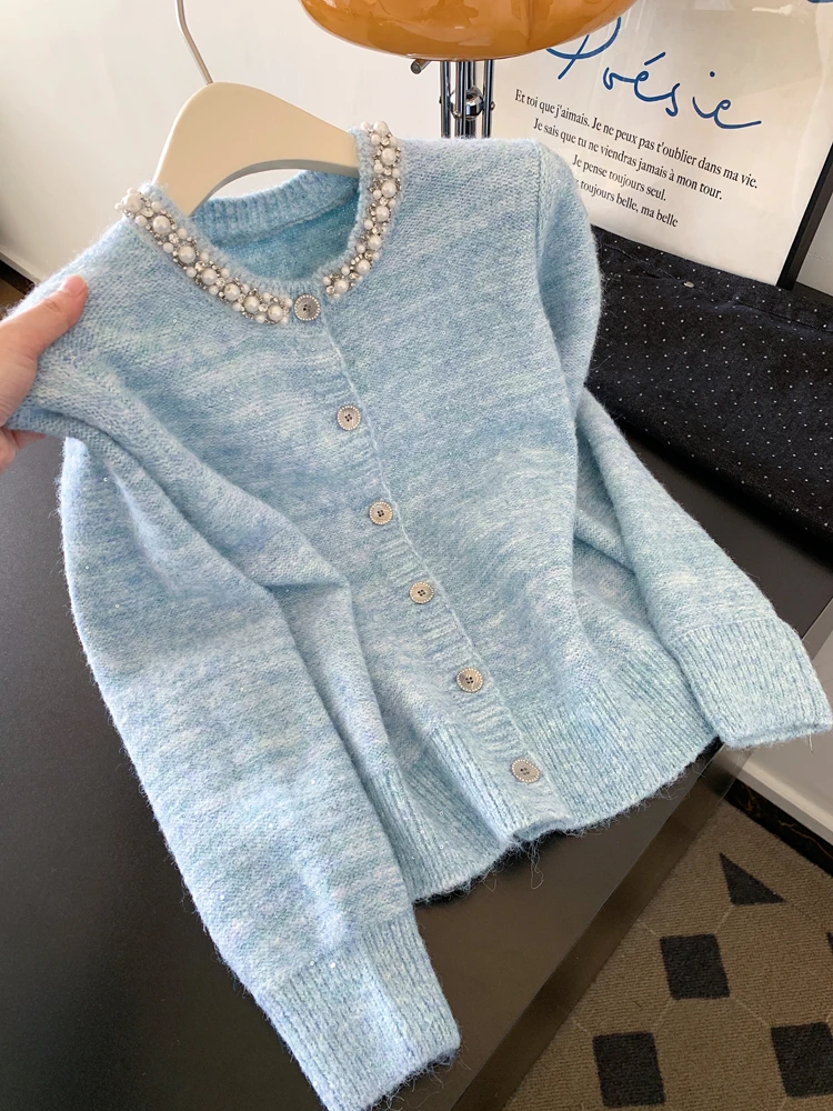 蓝色重工钉珠圆领长袖针织开衫毛衣外套女2025新款设计感小众上衣