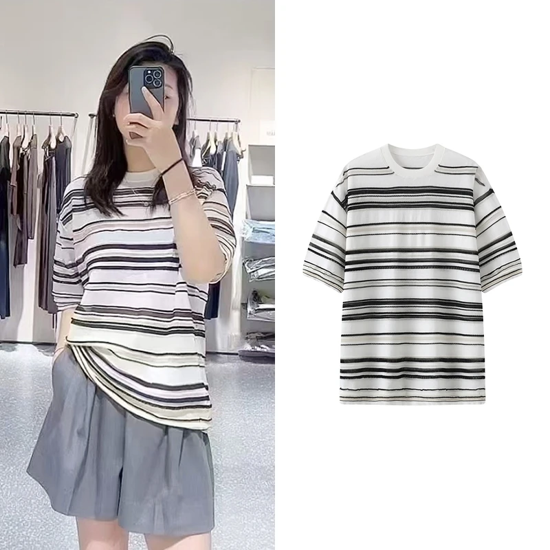 【T恤】2025夏新品经典时尚宽松百搭毛针织衫休闲条纹短袖T恤A6013