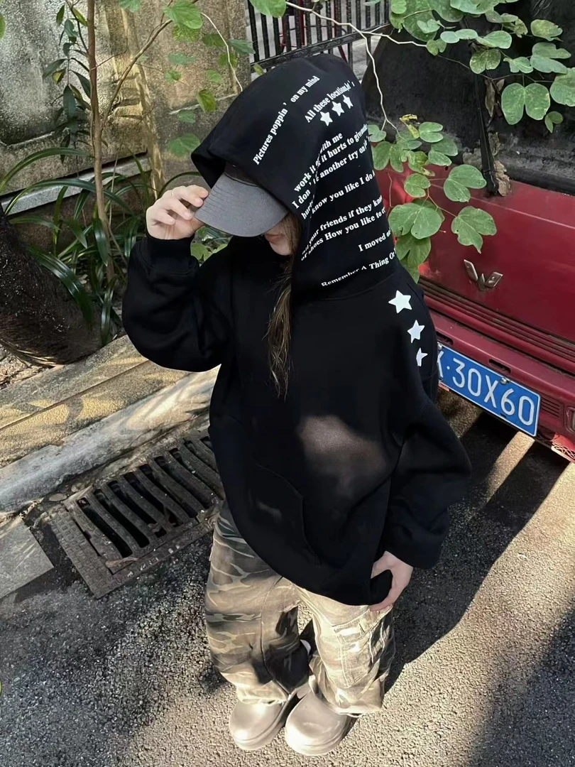 星星字母连帽卫衣男女同款秋冬加绒加厚百搭上衣服小众设计感帽衫