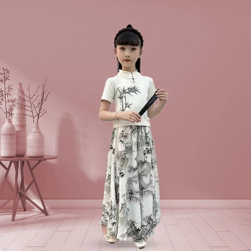 新款中式2025夏季轻薄两件套女童水墨竹韵国风盘扣短袖裙裤两件套
