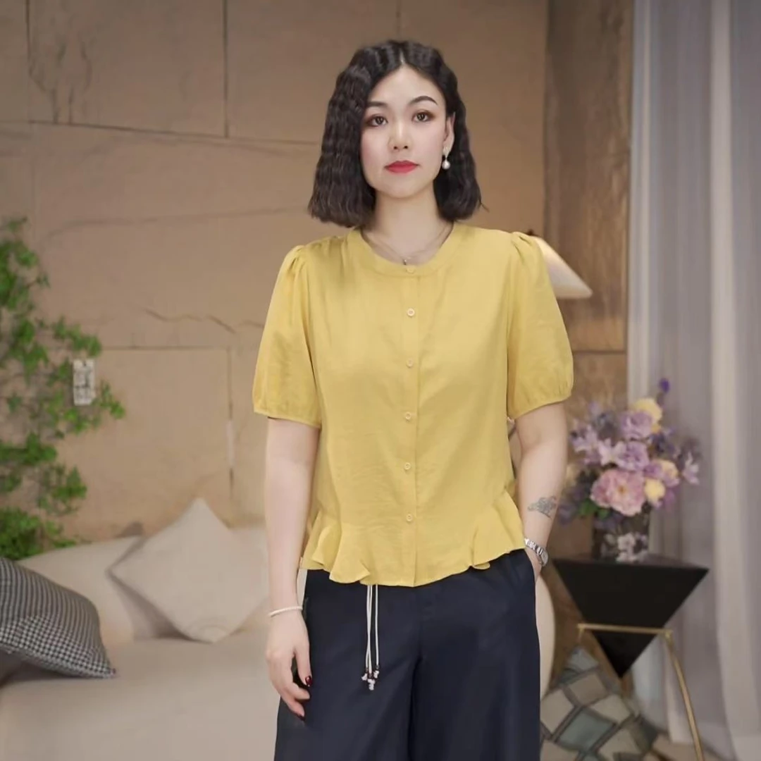 【依依推荐】A73夏季新款圆领短袖宽松型开衫鱼尾设计简约休闲衫