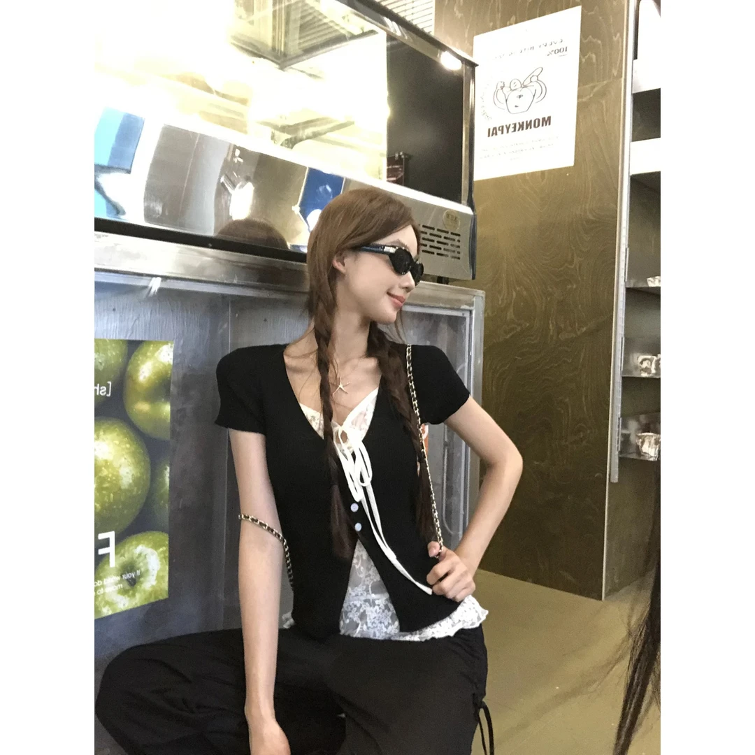 大码胖mm纯欲辣妹风蕾丝拼接系带假两件上衣夏季新款百搭显瘦小衫