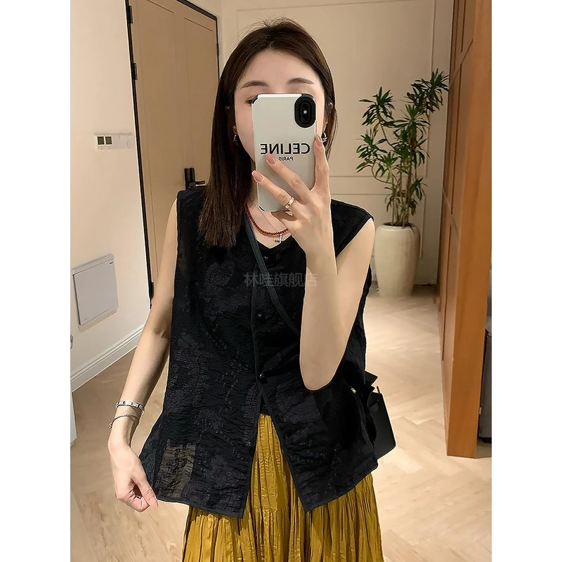 法式高级感a字高腰显瘦2024新款女夏季无袖衬衫黑色半身裙两件套