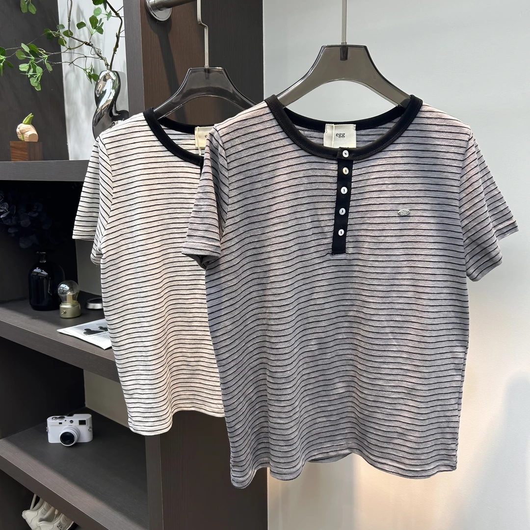 程程甄选-「品质单品」韩国单 经典条纹蛋家休闲舒适夏季短袖25020