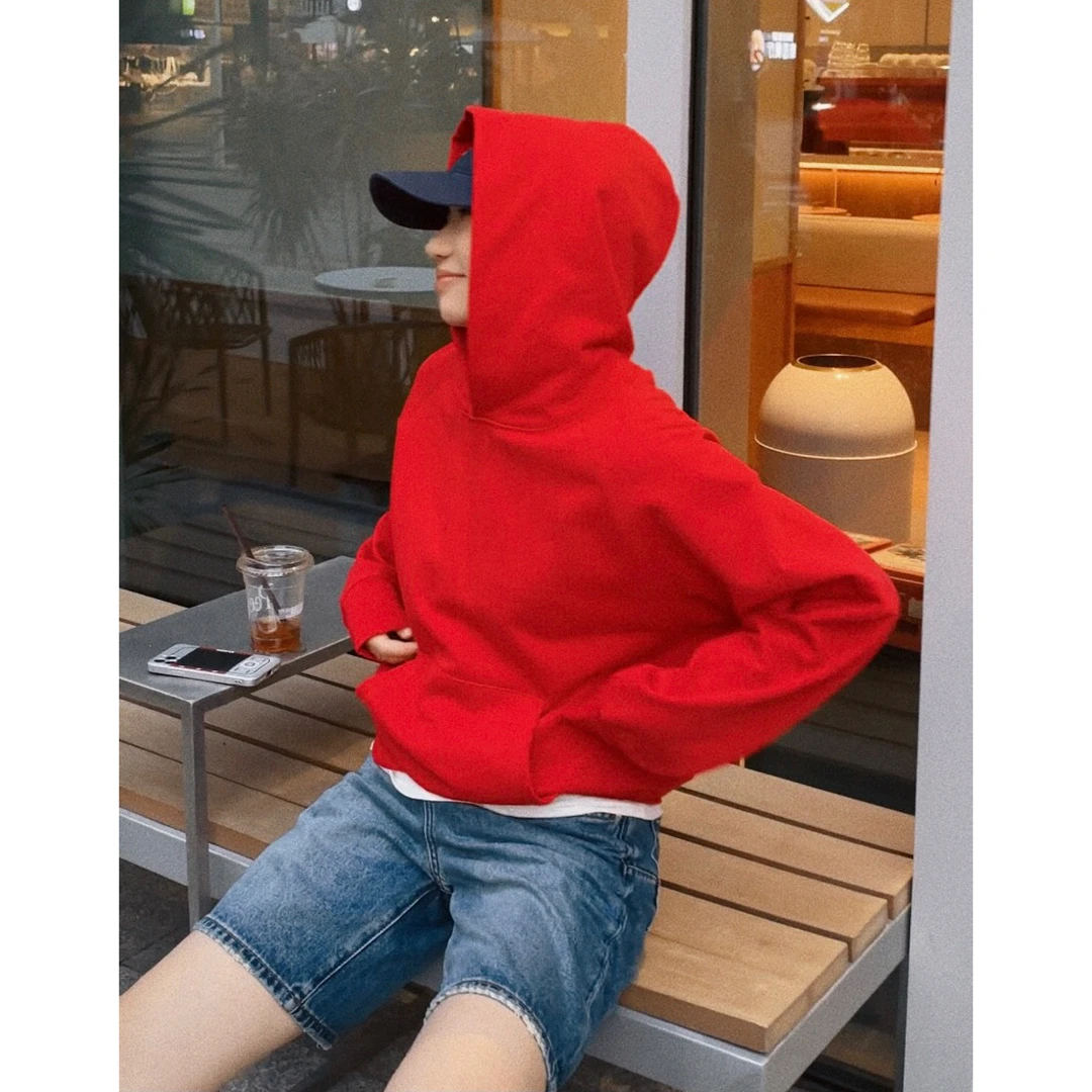 【开心妈咪】重工水洗连帽卫衣新款红色纯棉美式重磅刺绣情侣装上衣