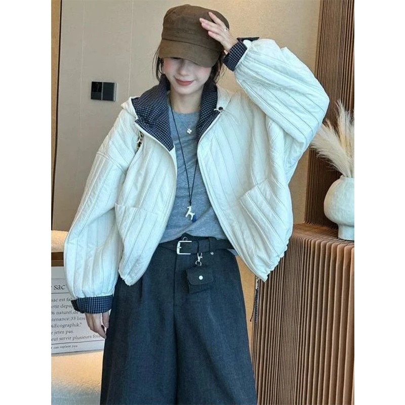 设计感连帽拉链竖条压棉外套女2025秋季新款格子拼接宽松休闲棉服
