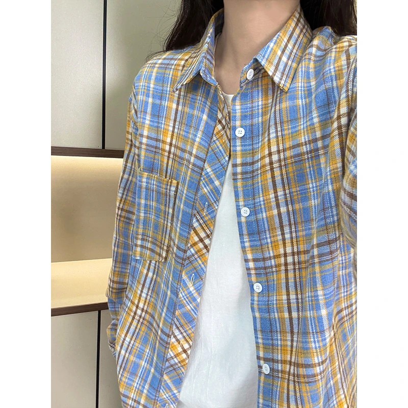 黄蓝格子衬衫男款夏季痞帅高级感长袖衬衣cleanfit美式情侣薄外套