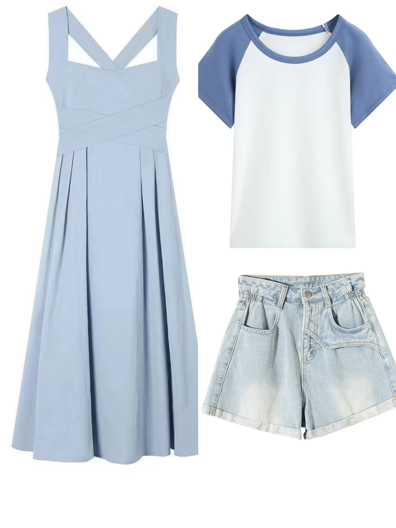 时尚夏季早秋交叉绑带显瘦气质连衣裙女短袖牛仔短裤外套韩版洋气