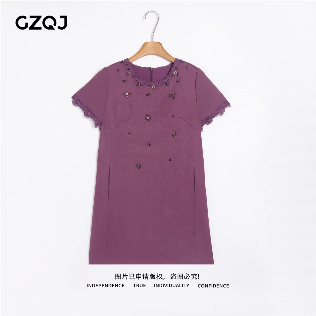 老琴私服 【紫蔷花语】100亚麻欧若风时尚重工连衣裙女夏季 70138