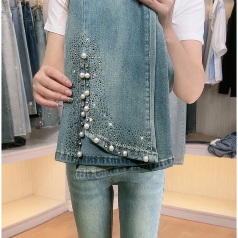 9708微喇开叉烫钻高腰牛仔裤女2025年春季新款显瘦喇叭裤百搭