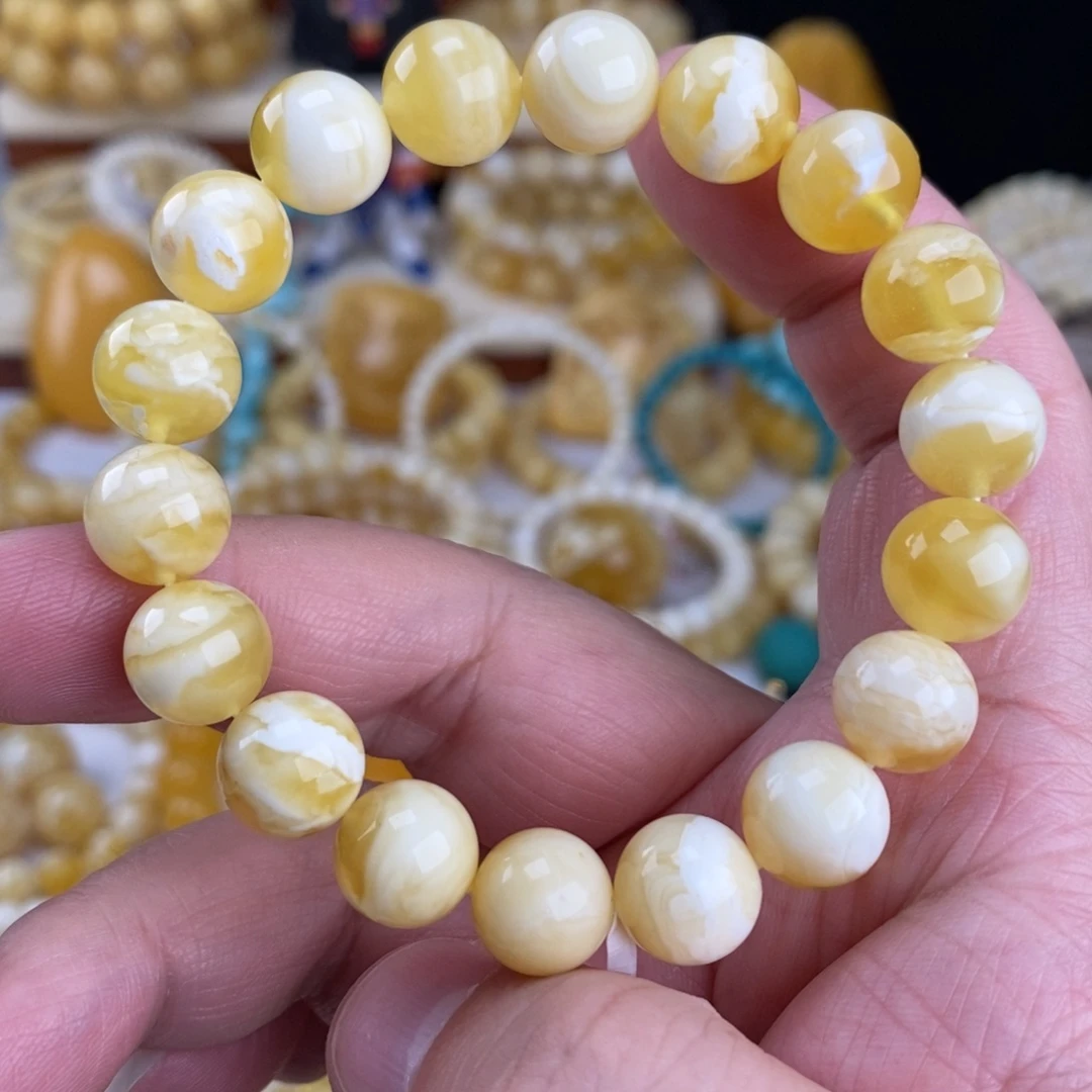 蜜蜡未镶嵌手链金瓷白溶洞妖花11.3mm