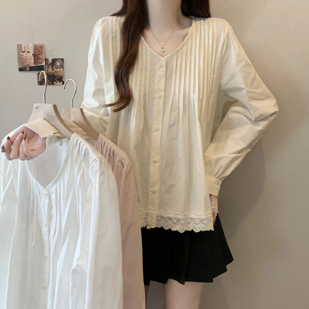 大码女装2025早春新款韩版蕾丝边花苞袖显瘦微胖mmV领长袖衬衫