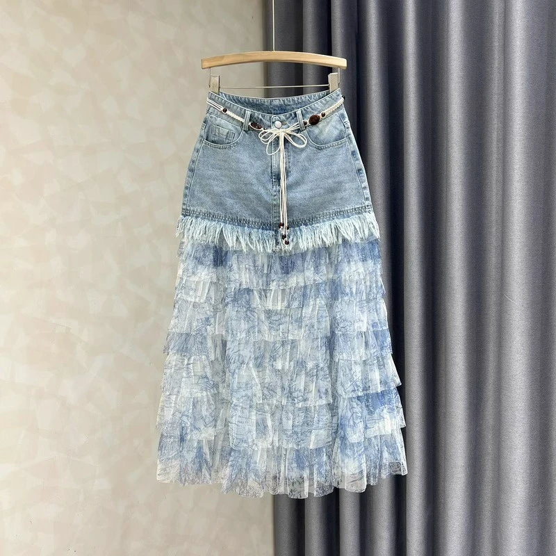 2025年夏季新款拼接网纱蛋糕牛仔半身裙女高腰时尚拼接网纱长裙子