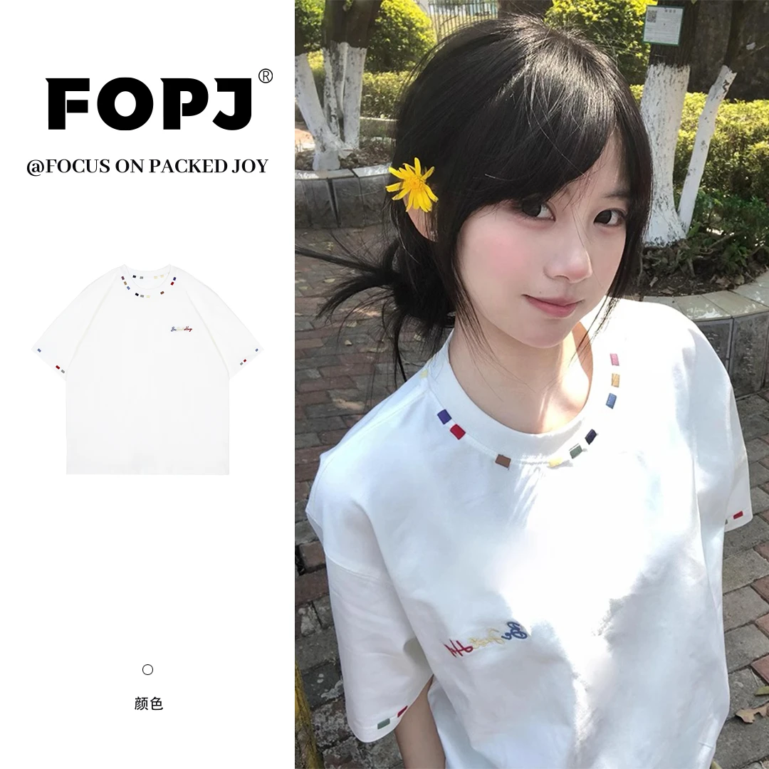 FOPJ刺绣款学院风美式复古设计感短袖t恤女时尚百搭纯棉半袖上衣