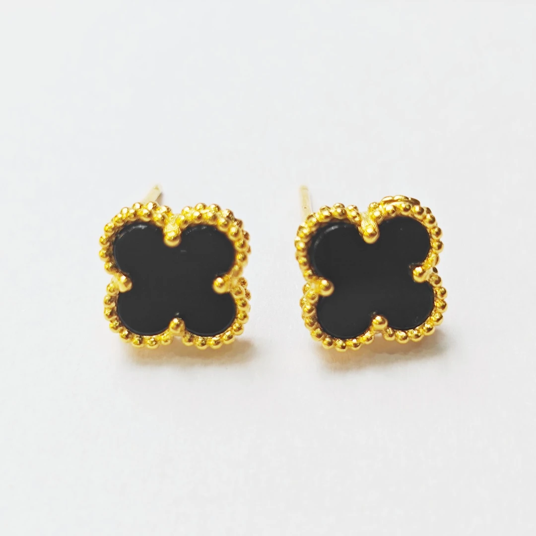 足银耳饰 四叶草耳钉黑