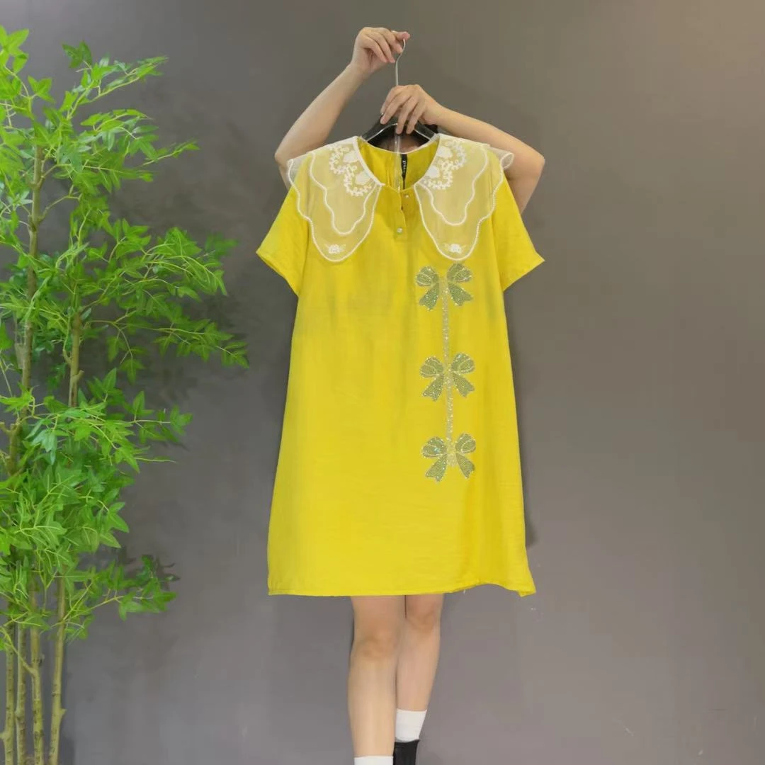 9083欧货夏季高级感娃娃领拼接烫钻设计时尚大码连衣裙