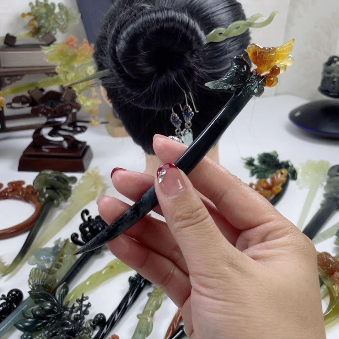 岫玉发饰未镶嵌难**猫岫玉喜鹊发簪