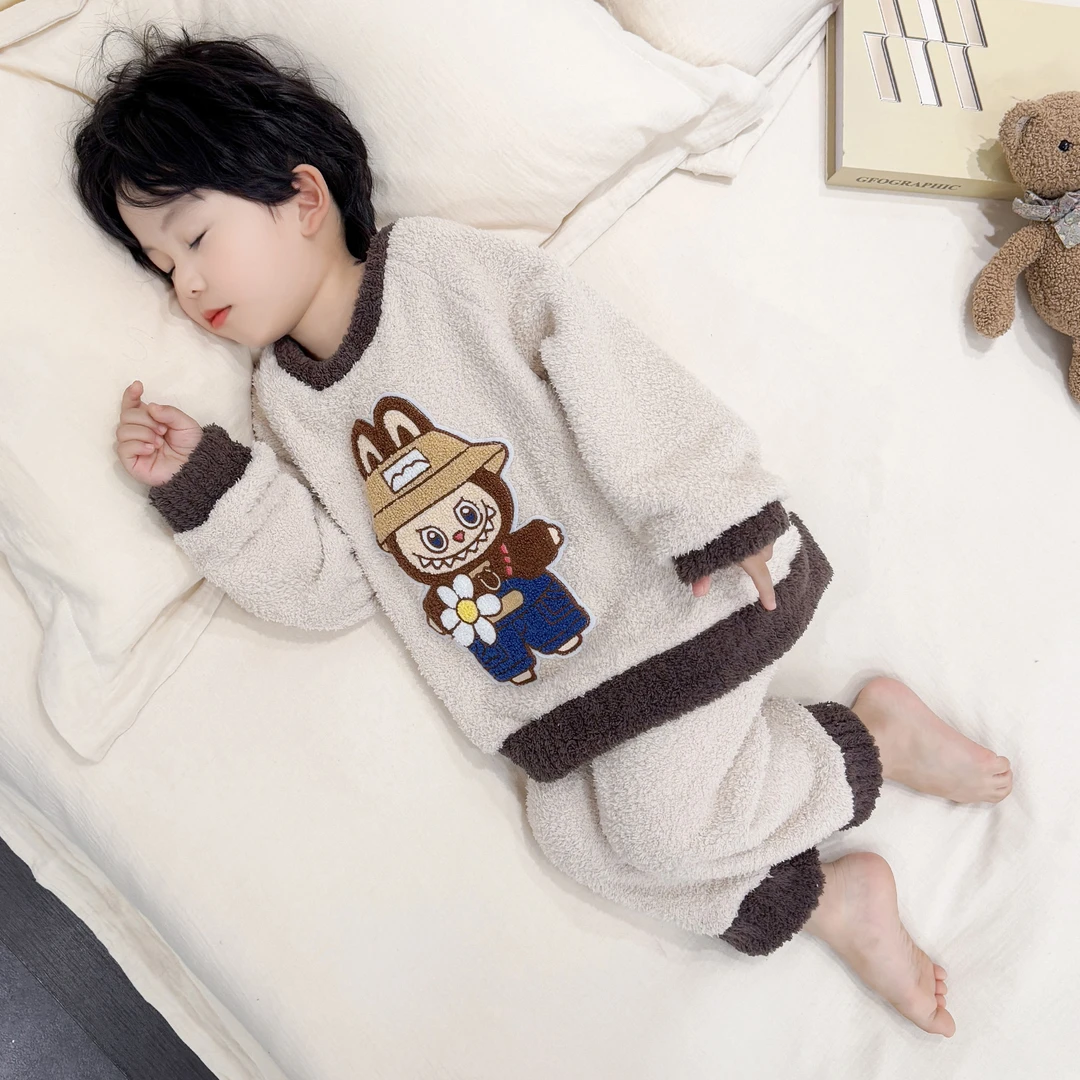 儿童睡衣秋冬男童半边绒加绒加厚中小童男宝冬季珊瑚绒家居服套装