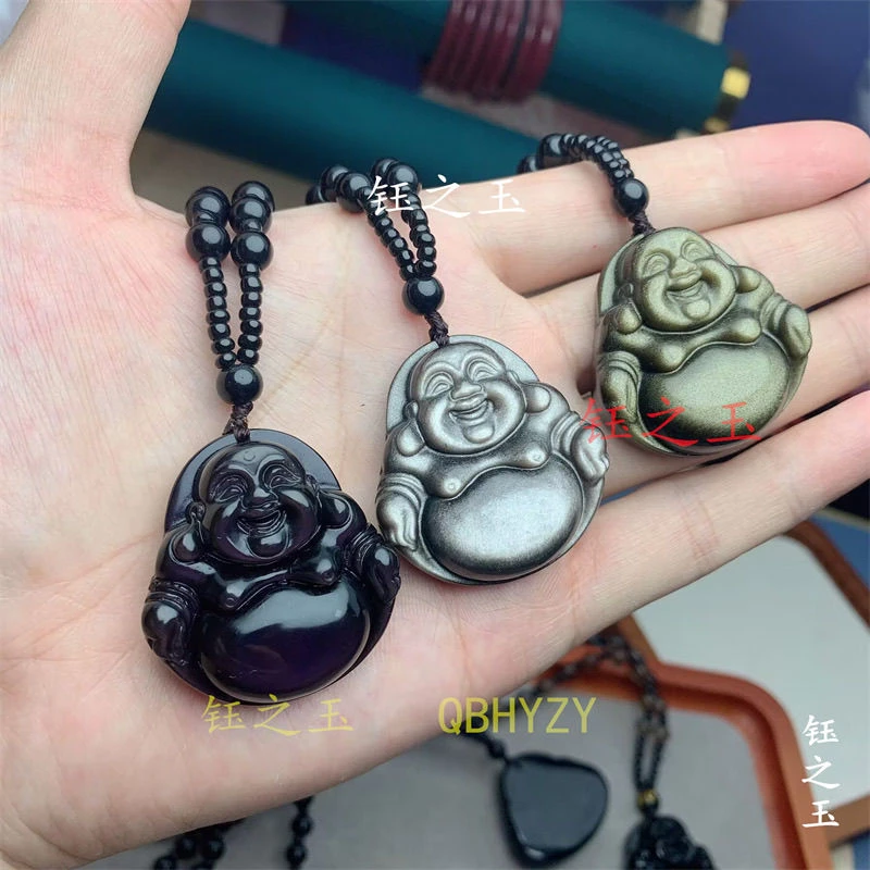 保真冰种黑曜石彩虹眼佛公吊坠笑佛女士项链男士毛衣链本命年挂件