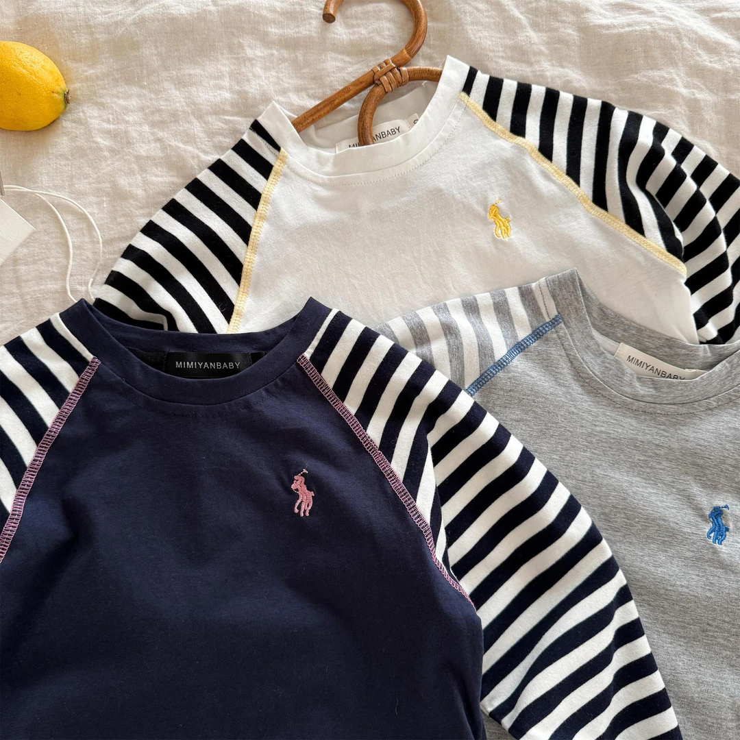 Y.Ystudio-儿童T恤春季新品男女童撞色条纹长袖T宝宝刺绣打底衫潮