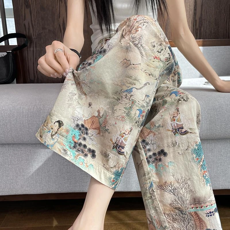 国风阔腿裤女夏季薄款2025新款高腰宽松直筒裤小个子九分凉凉裤子