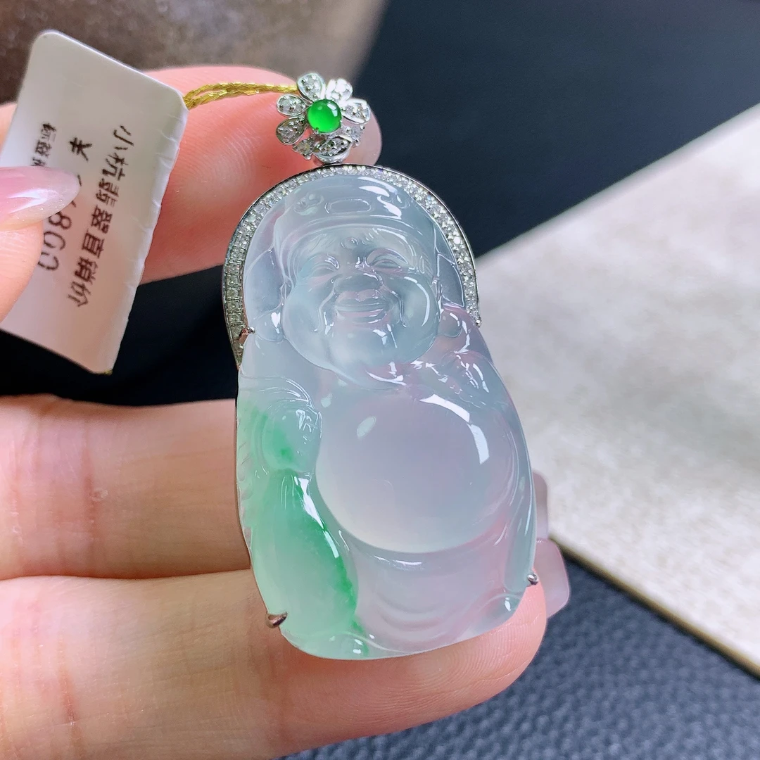 天然缅甸a货翡翠正冰种飘阳绿财神爷吊坠高品质揭阳精工雕刻玉石