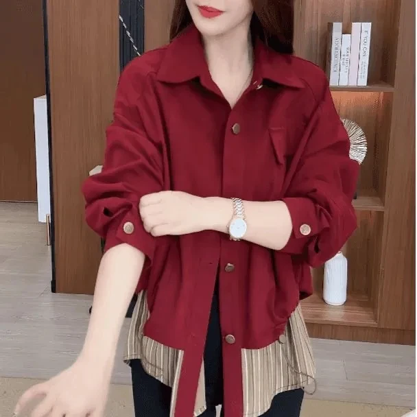 宽松显瘦衬衣女春秋款2025新款假两件拼接洋气时尚减龄长袖上衣服