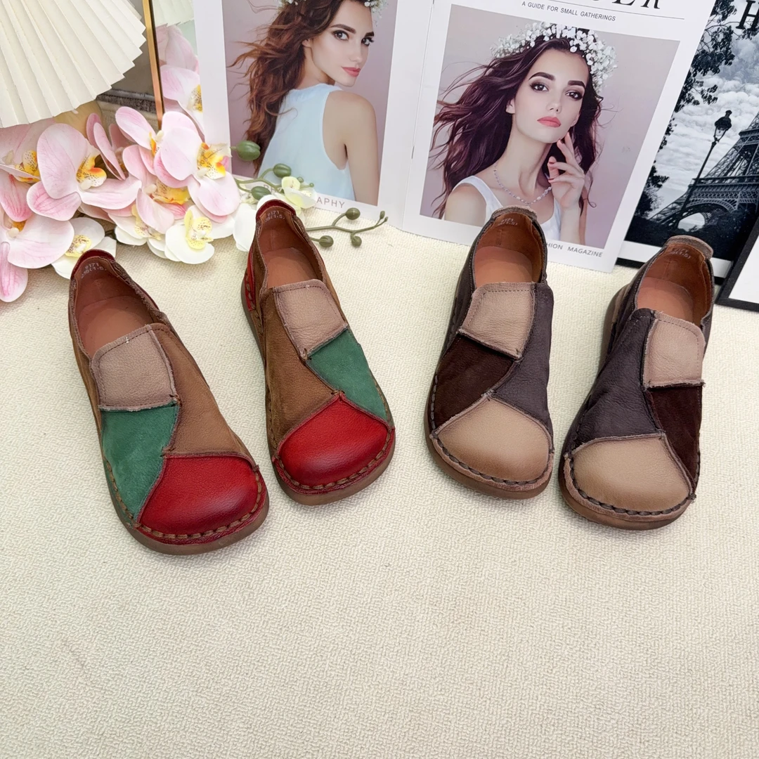 9171平底单鞋2025秋季新款真皮复古拼色圆头软底舒适百搭休闲女鞋