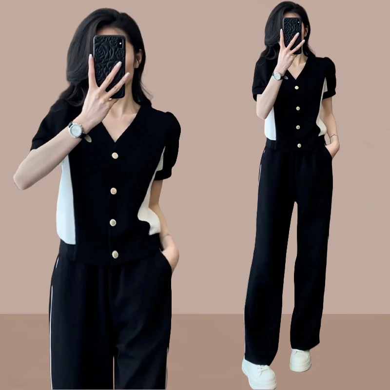 高含棉时尚韩版套装女2025年夏季新款撞色短袖上衣阔腿裤两件套潮