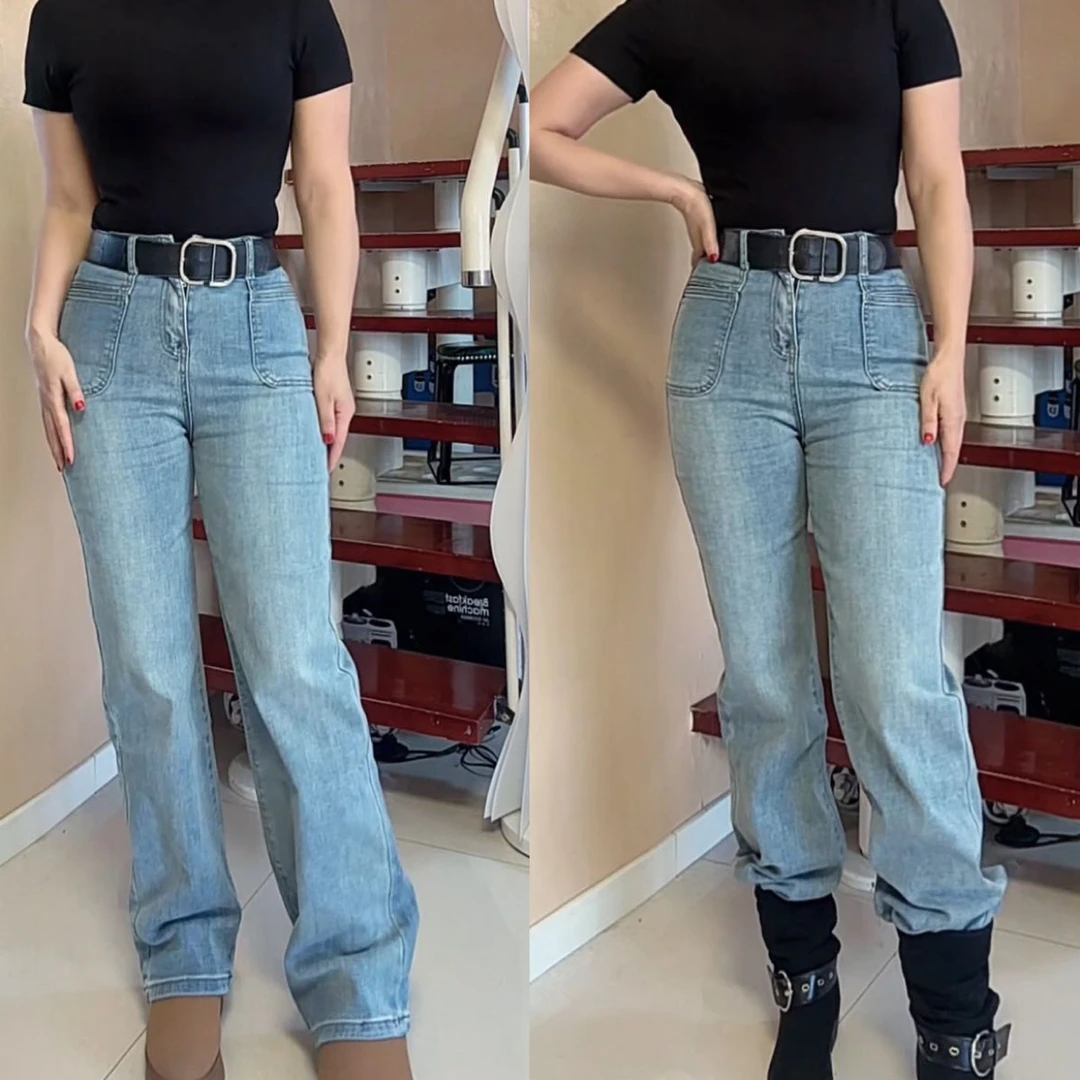 80132新款高腰窄版阔腿直筒牛仔裤女春秋季小个子时尚潮流包邮