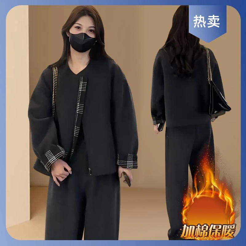 2025秋冬季新款毛呢小个子加棉加厚保暖显瘦外套高腰阔腿裤两件套