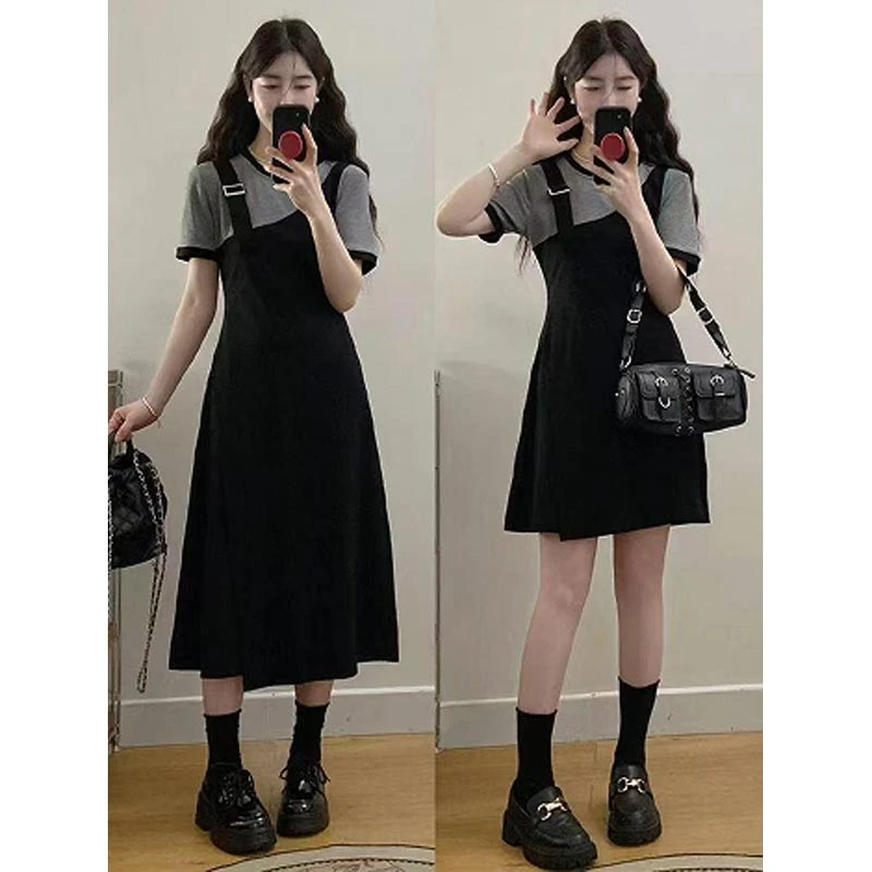 2025春去韩式爆款单肩拼接设计感假两件连衣裙女高级感个性小黑裙