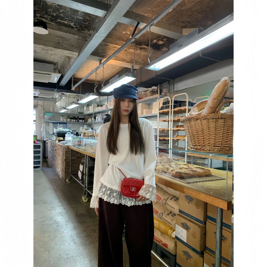 NEWOPEN 24秋季法式蕾丝拼接宽松长袖t恤女打底上衣F2025