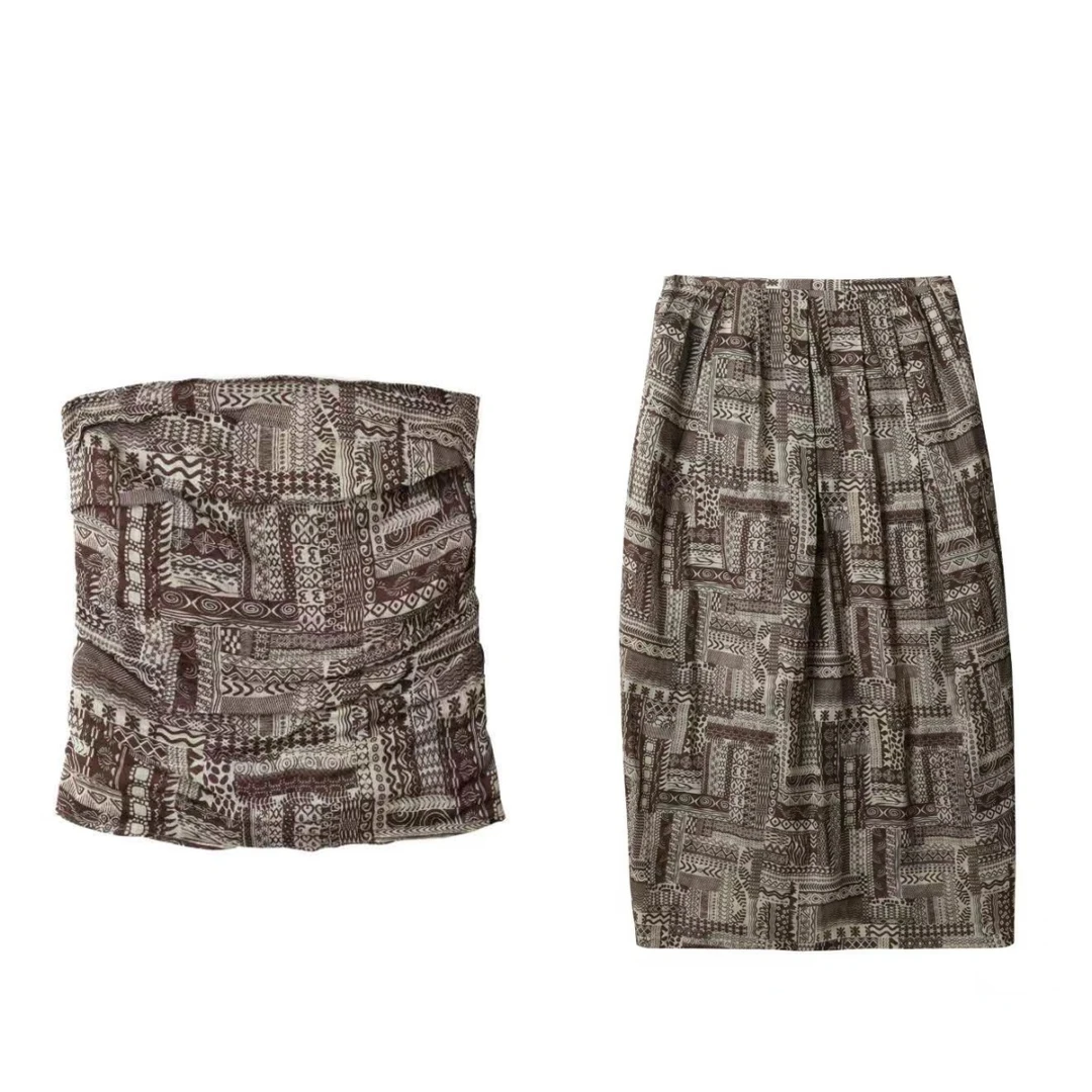 Vena label  夏季新款花纹抹胸上衣SL14/花纹半裙SK32女士