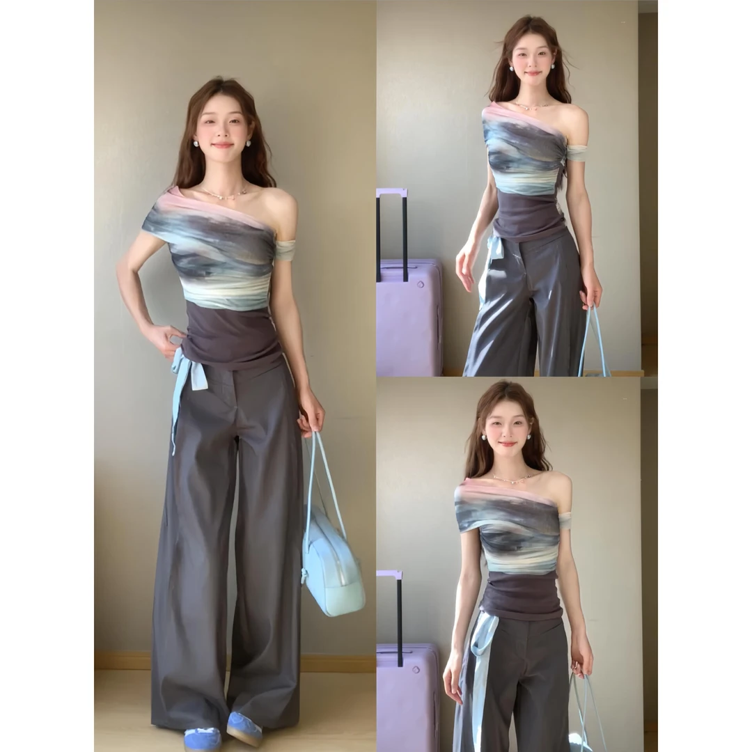 夏季一字肩绝美小众网纱短袖美式辣妹垂感直筒裤阔腿休闲裤套装