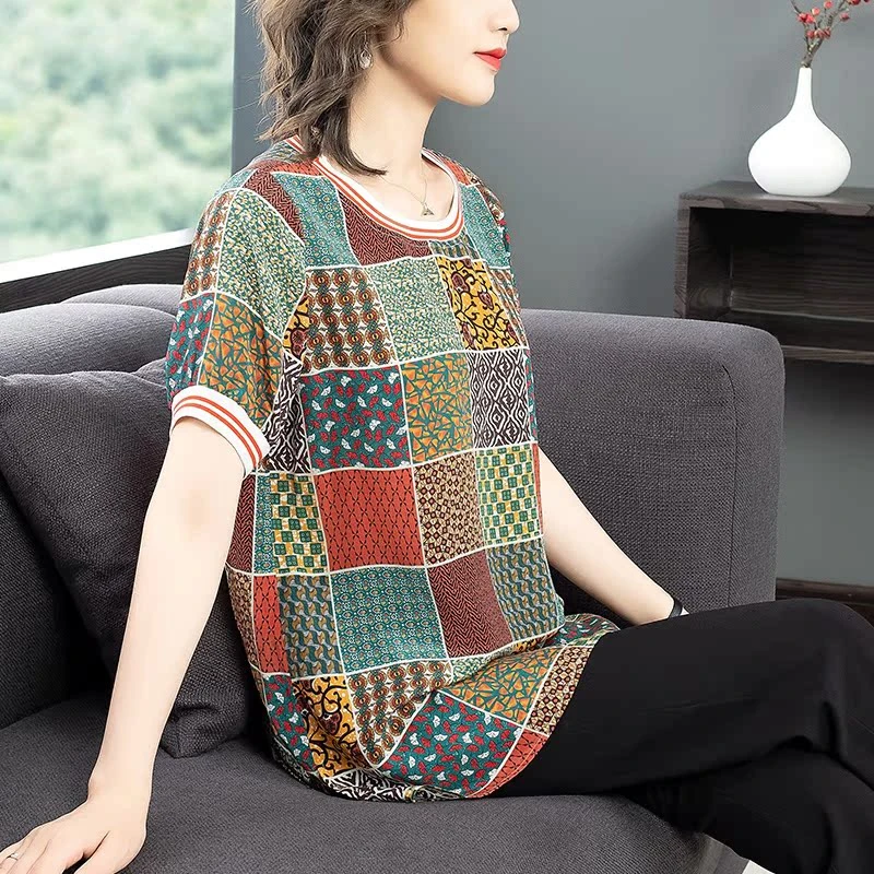 中老年真丝上衣女夏短袖新款复古印花气质圆领洋气宽松桑蚕丝衬衫