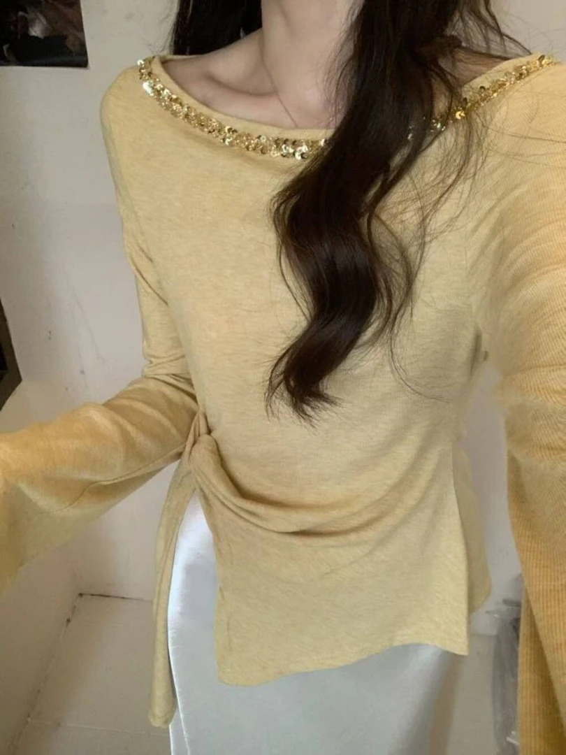 【气质温婉】露斜肩个性系带上衣T恤2025春夏季新款纯欲风