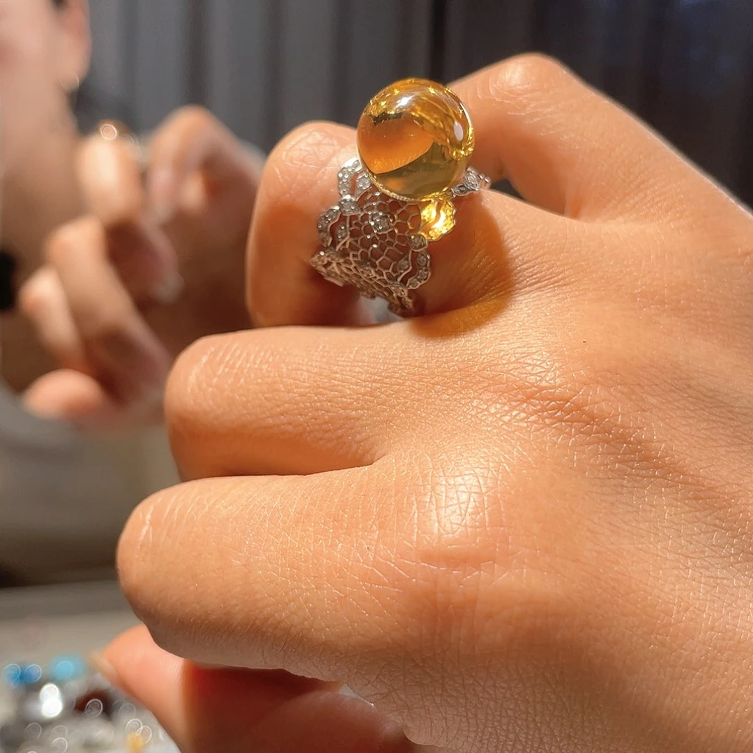 黄晶戒指银S925镶嵌大气款