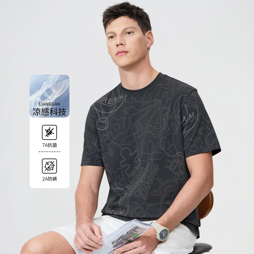 【7A抗菌2A防螨】与狼共舞25夏季新款瞬间凉感国潮满印男士短袖T恤