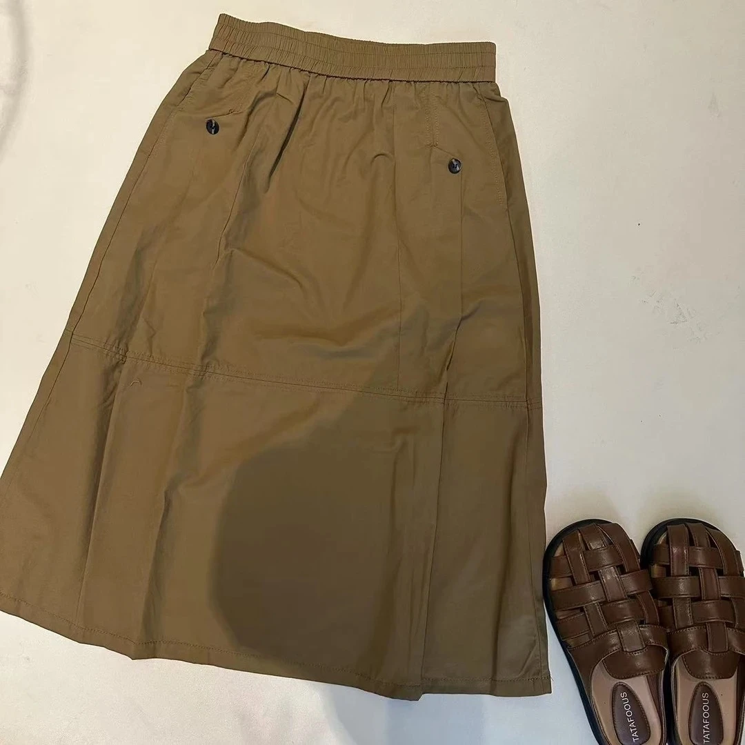 2025夏季时尚工装半身长裙纽扣设计感净色宽松百搭气质中长款半裙