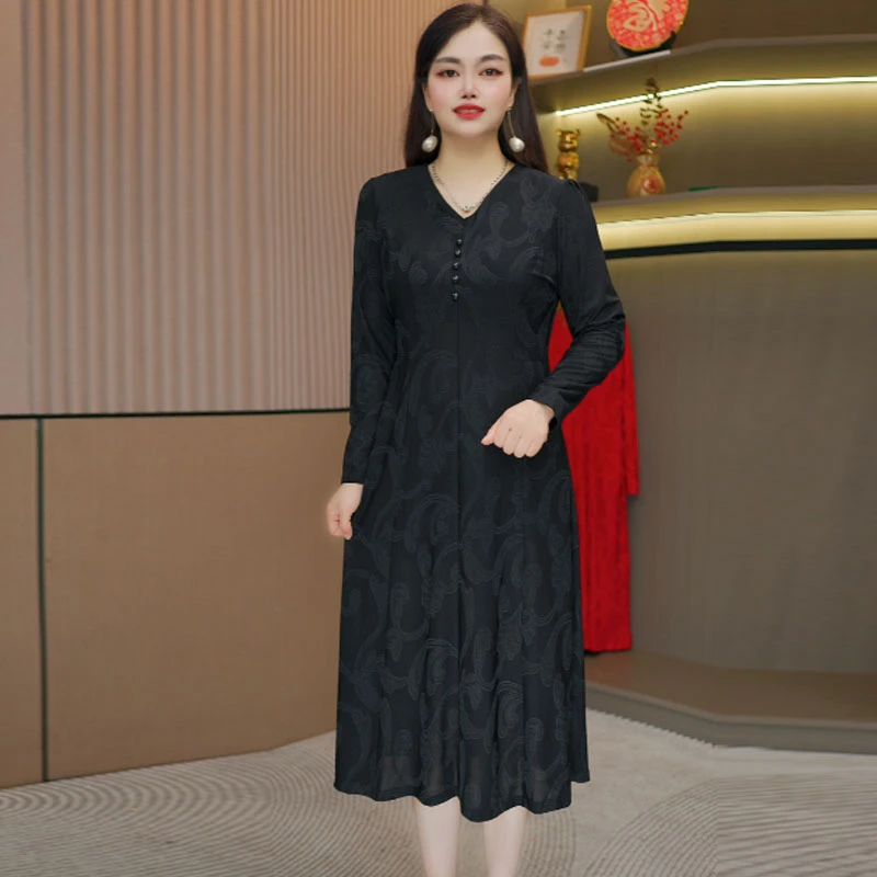 中老年妈妈秋装气质长袖连衣裙2024新款中年女士洋气时尚裙子