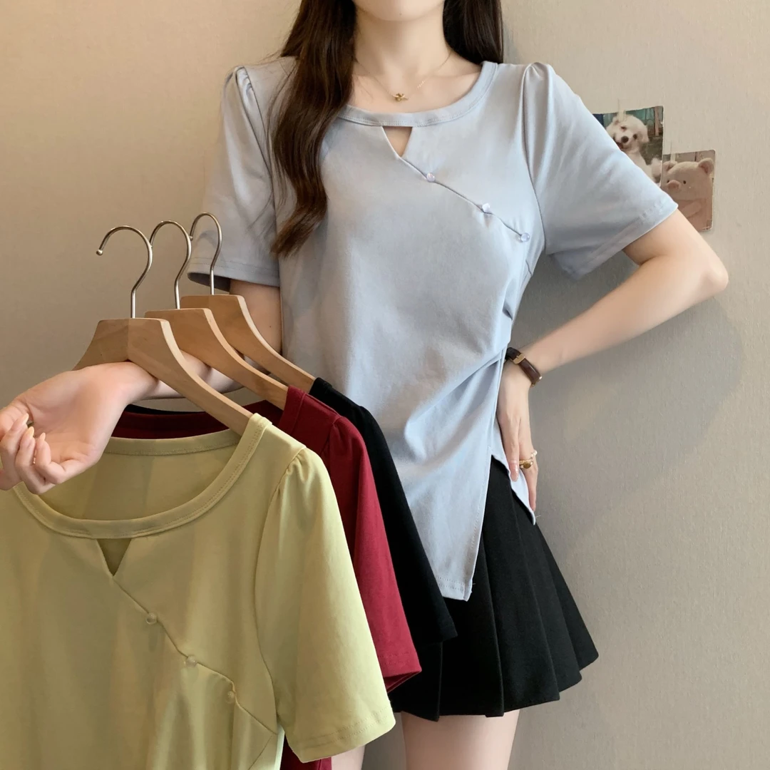 胖MM圆领正肩修身上衣夏季大码200斤遮肚子藏肉显瘦百搭高级感T恤