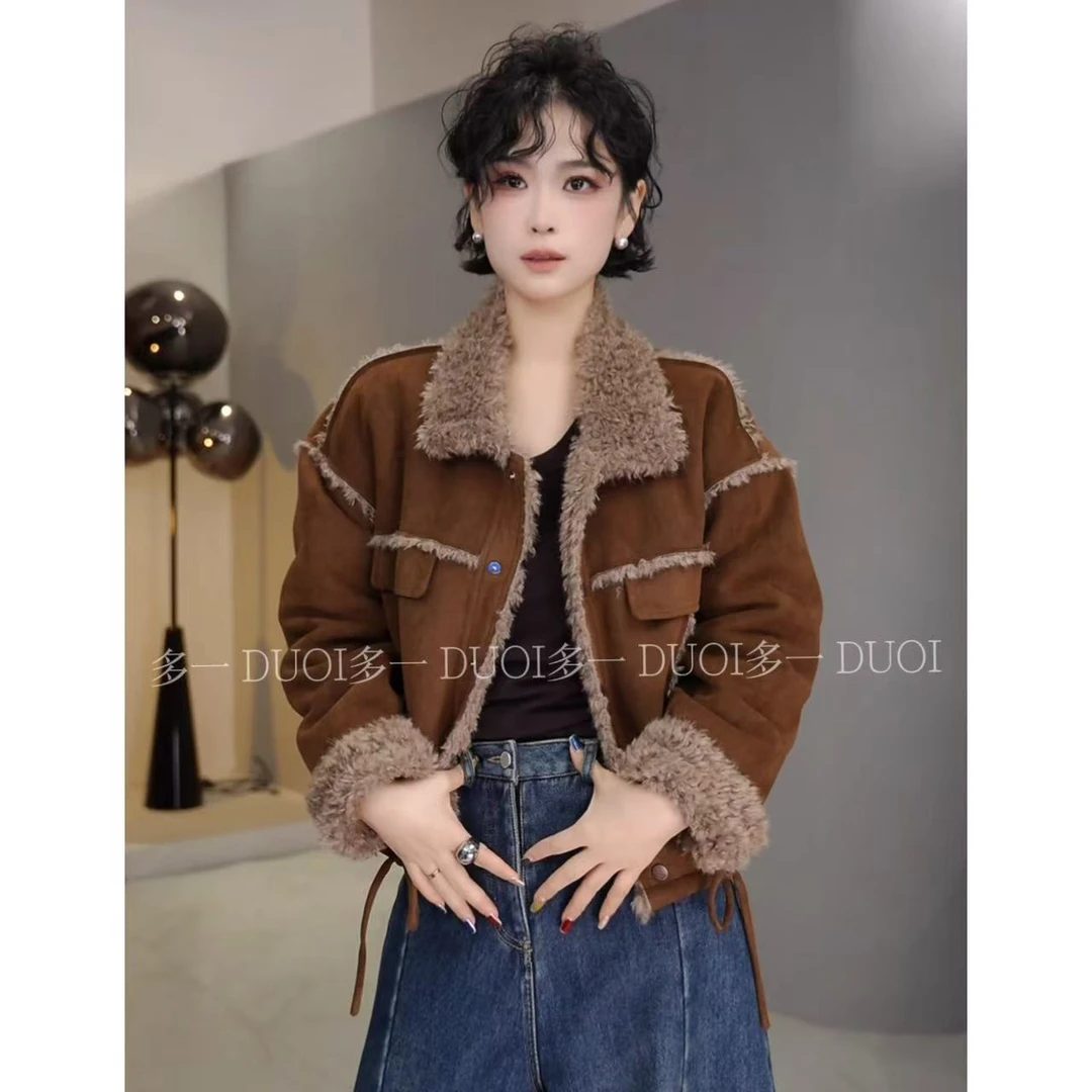 多一“焦糖可可”2025冬季新款气质下摆抽绳时尚百搭单排扣翻领外套