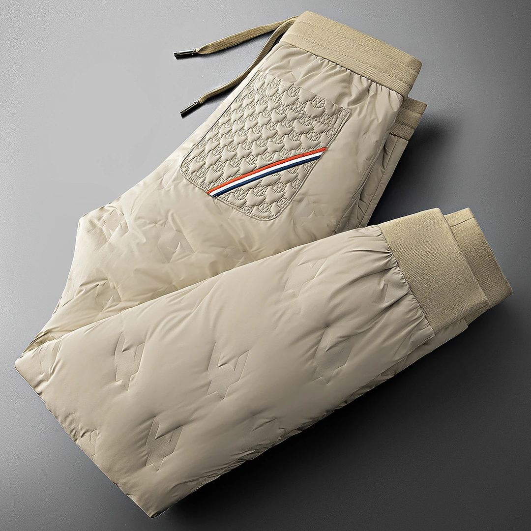 贾鲁萨加高端时尚秋冬保暖压胶白鸭绒防水男士潮牌小脚休闲羽绒裤