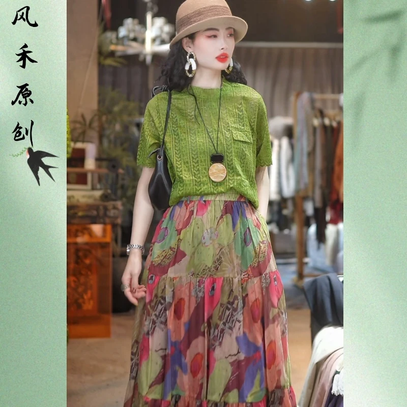 风禾原创【010】春夏新款时尚洋气百搭圆领纯色钩花短袖T恤衫女