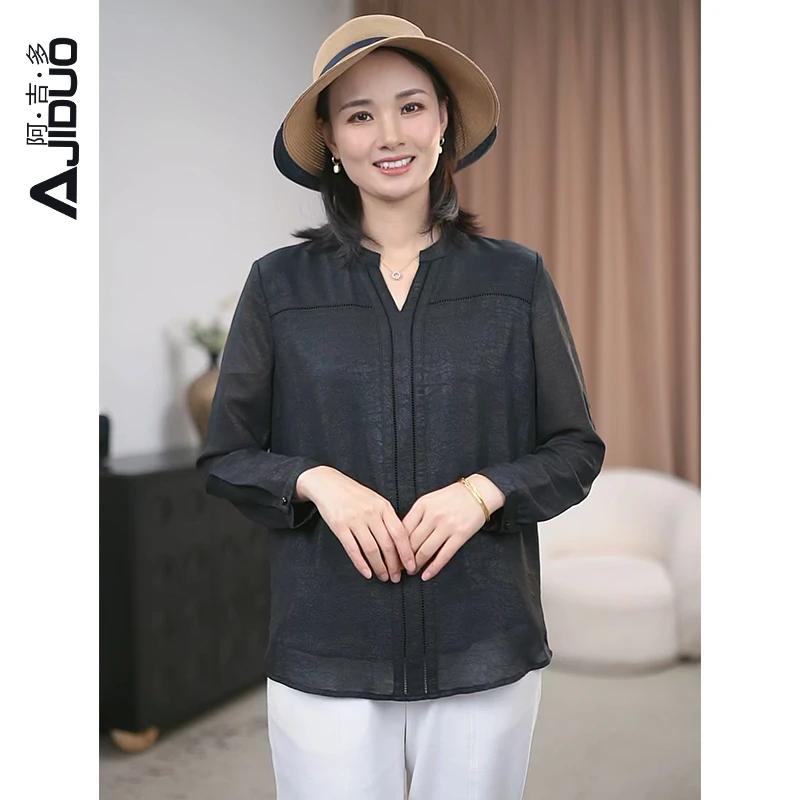 阿吉多A22189高端精致提花t恤女2025秋装新款气质高级感减龄上衣